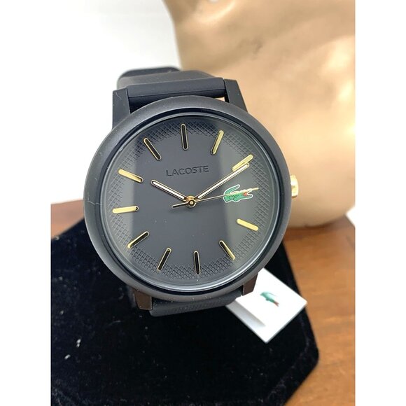 Lacoste Men's Watch 2011233 Quartz Gold Black Dial Textured Rubber Band 42mm - Picture 12 of 13